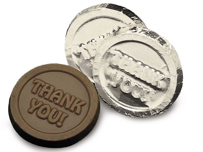 three silver foil chocolate coins with logo