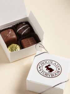 4 pc Custom Sticker Chocolate assortment favor in a white box