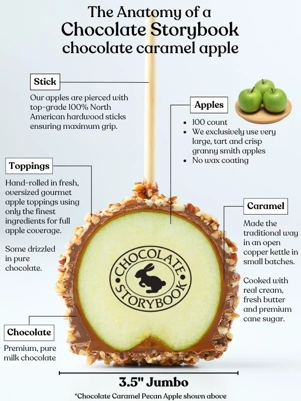 1 chocolate caramel apple cut open with text describing the different layers inside and outside components.