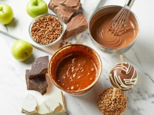 Chocolate Caramel Apples Ingredients. melted milk chocolate, caramel and granny smith apples, blocks of chocolate and 2 chocolate caramel apples.