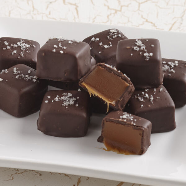 Dark Chocolate Sea Salt Caramels on a plate