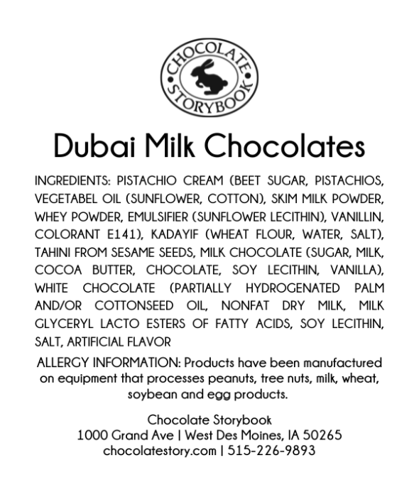dubai chocolates Ingredients label
