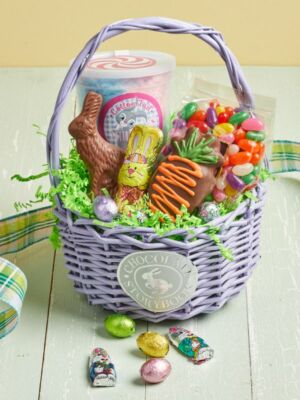 Hippity Hop Easter Basket filled with gourmet chocolates and candy.
