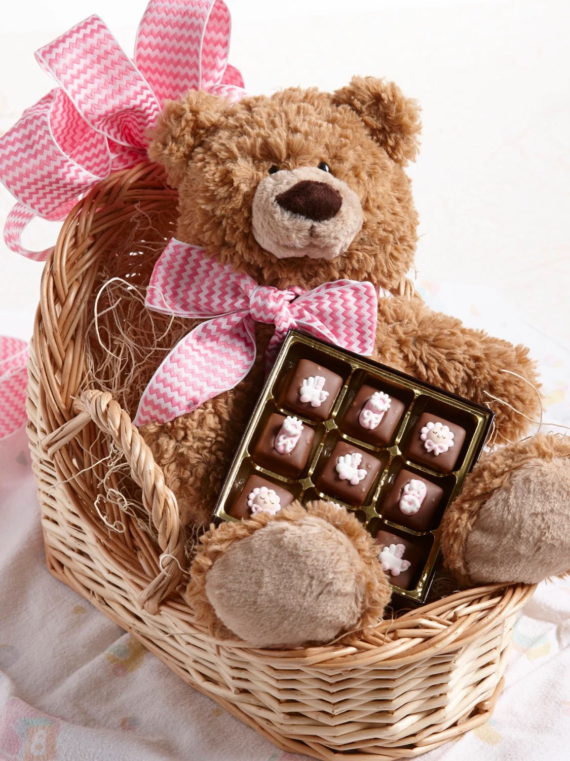 teddy bear with chocolate basket