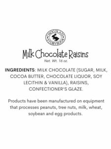 Milk Chocolate Covered Raisins Ingredients Label