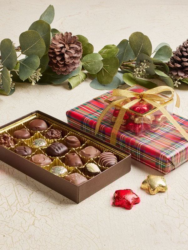 1 perfectly plaid chocolate gift set in festive holiday wrapping paper.
