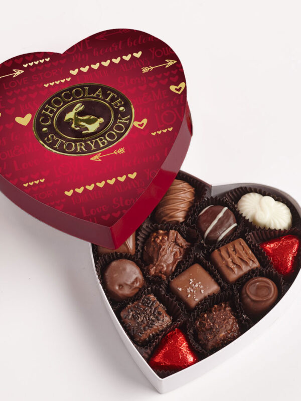 Love Story Heart Box filled with a half pound of chocolates